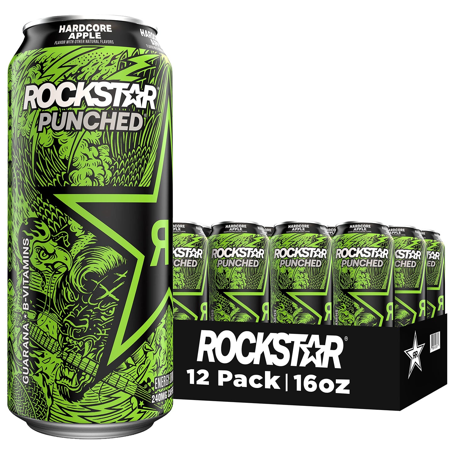 Rockstar Energy Drink Punched Hardcore Apple, 16oz Cans (12 Pack)