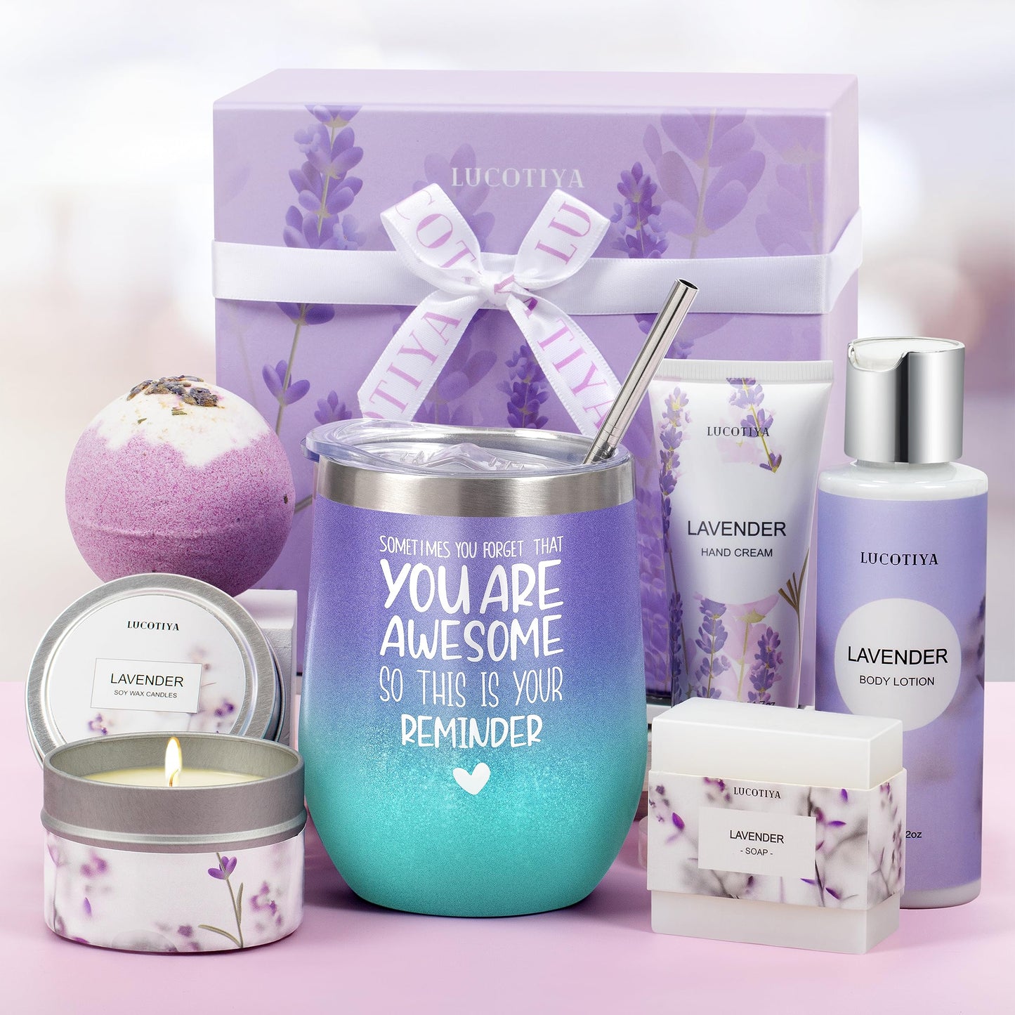 Birthday Gifts for Women Bath and Body Works Gifts Set Spa Gifts Baskets Bubble Bath Lavender Gifts for Mom,Her,Sister,Wife,Auntie Wine Tumbler Purple Womens Gifts