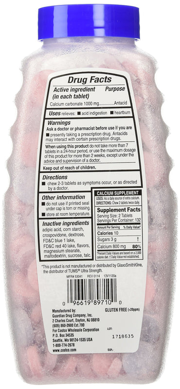 Kirkland Signature Ultra Strength Antacid Calcium Carbonate 1000 MG Assorted Berry Flavors (265 Tablets)