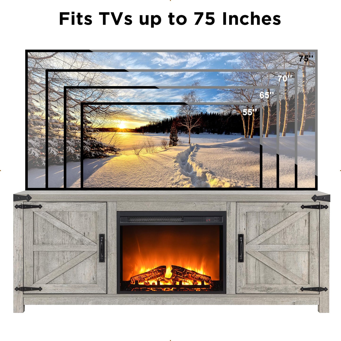 T4TREAM Fireplace TV Stand for 75 Inch TV, Farmhouse Barn Door Media Console, Entertainment Center with 23" Electric Fireplace Remote Control,for Living Room, 66 Inch, Light Rustic Oak