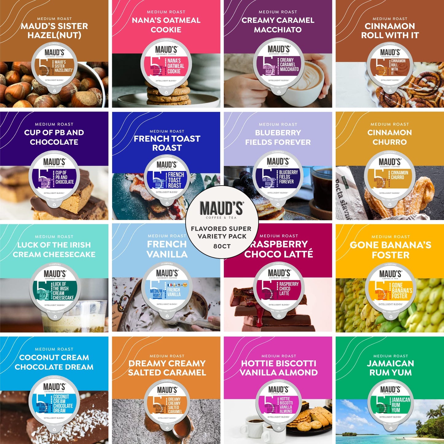 Mauds Super Flavored Coffee Variety Pack - 80ct Single Serve Pods with 16 Flavors of Medium Roast Arabica Coffee