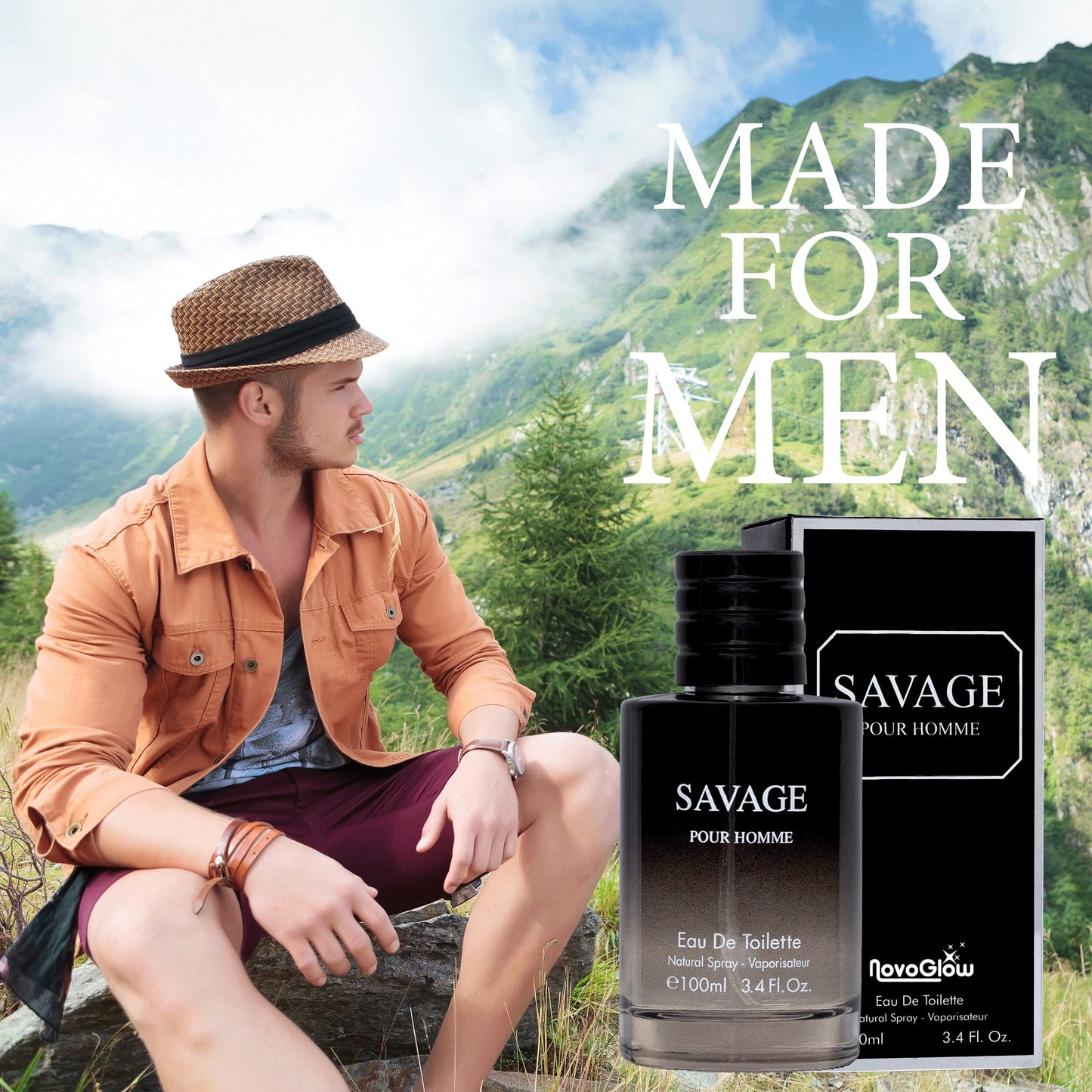 Savage 3.4 Oz Eau De Toilette Spray Refreshing & Warm Masculine Scent for Daily Use Men's Casual Cologne Includes NovoGlow Carrying Pouch Smell Fresh All Day A Gift for Any Occasion