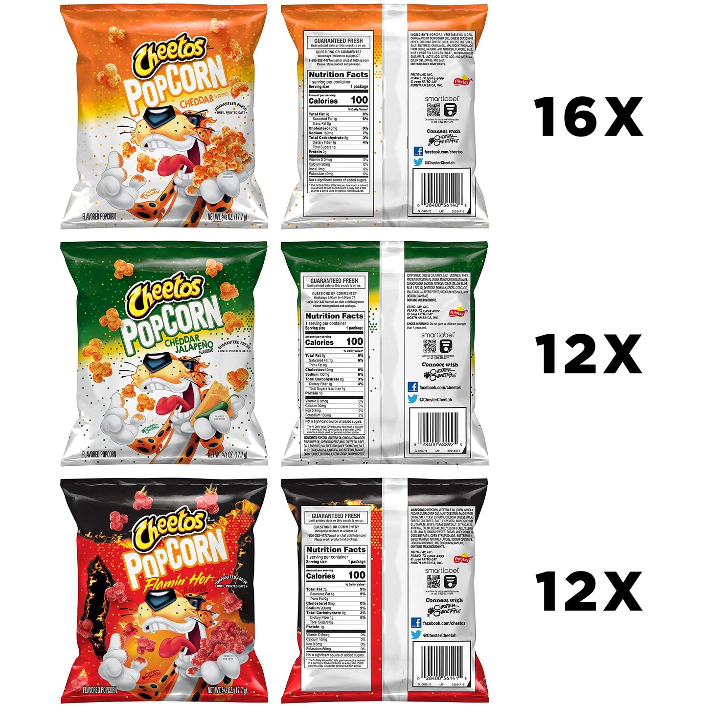 Cheetos Popcorn, Cheddar, Flamin' Hot & Jalapeño Cheddar Variety Pack,0.625oz (Pack of 40) (Assortment May Vary)