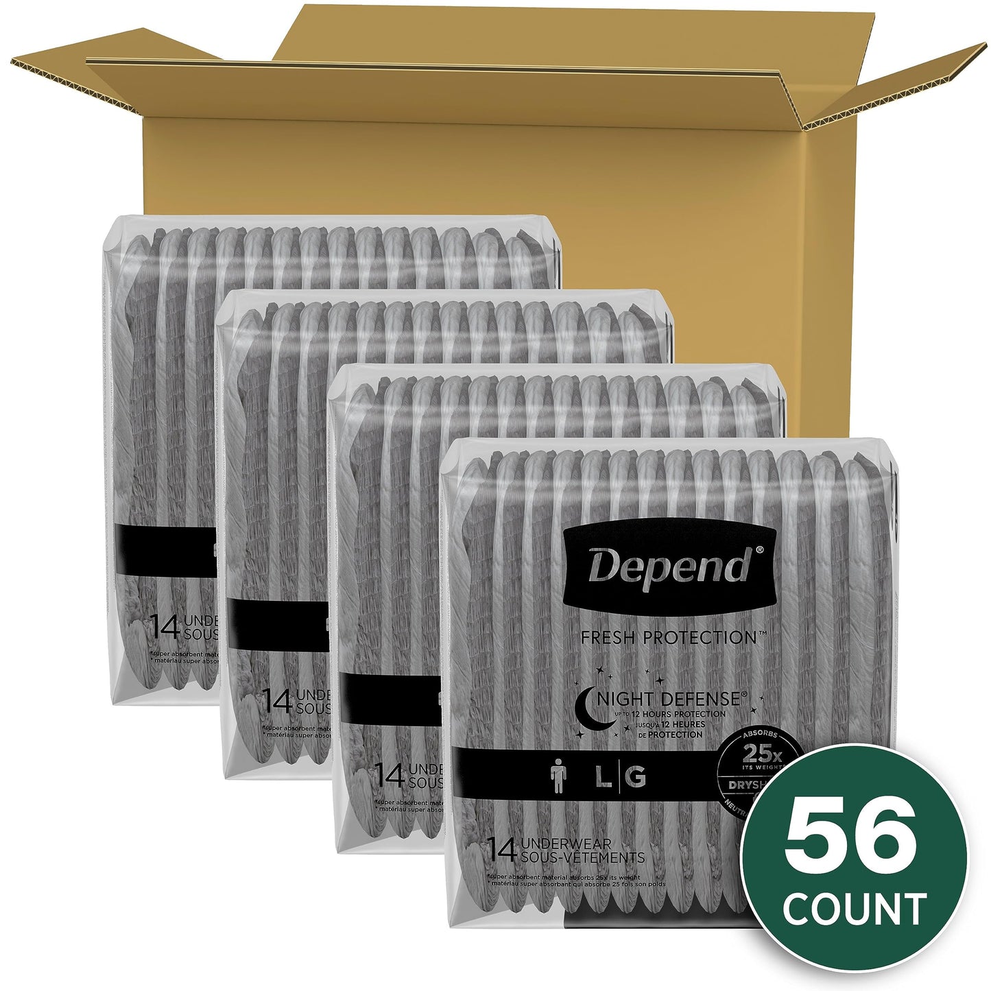 Depend Night Defense Adult Incontinence Underwear for Men, Disposable, Overnight, Large, Grey, 56 Count (4 Packs of 14), Packaging May Vary