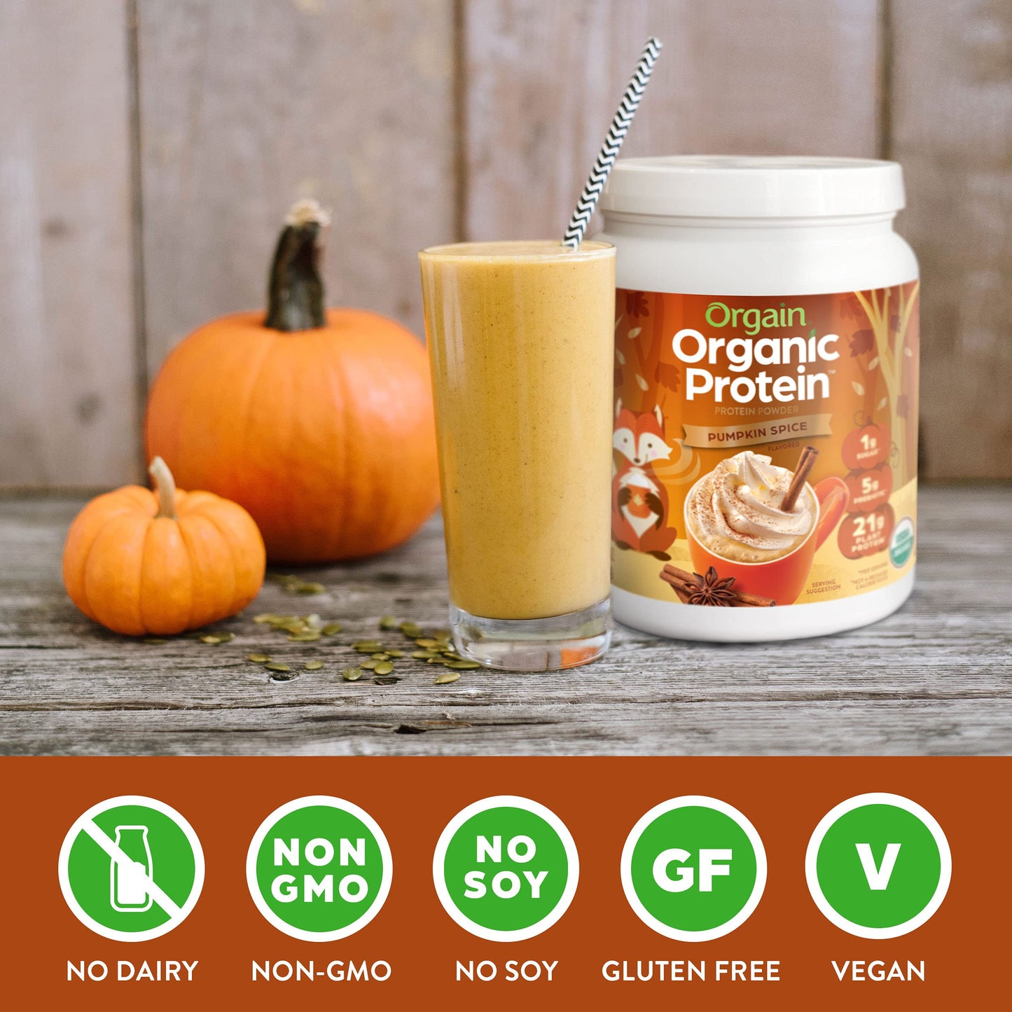 Orgain Organic Vegan Protein Powder, Pumpkin Spice - 21g of Plant Based Protein, Non Dairy, Gluten Free, 1g of Sugar, Soy Free, Kosher, Non-GMO, 1.02 Lb (Packaging May Vary)