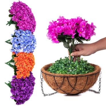 Artificial Flowers with HangingBasket for Outdoor Indoor,Fake Hydrangea Flowers in Coconut Lining Hanging Basket for Home Courtyard Decoration,4 Branches Hydrangea Flowers in 12'' Basket(Purple)