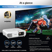 Epson Home Cinema 1080 3-chip 3LCD 1080p Projector, 3400 lumens Color & White Brightness, Streaming/Gaming/Home Theater, Built-in Speaker, Auto Picture Skew, 16,000:1 Contrast, Dual HDMI-White, Medium