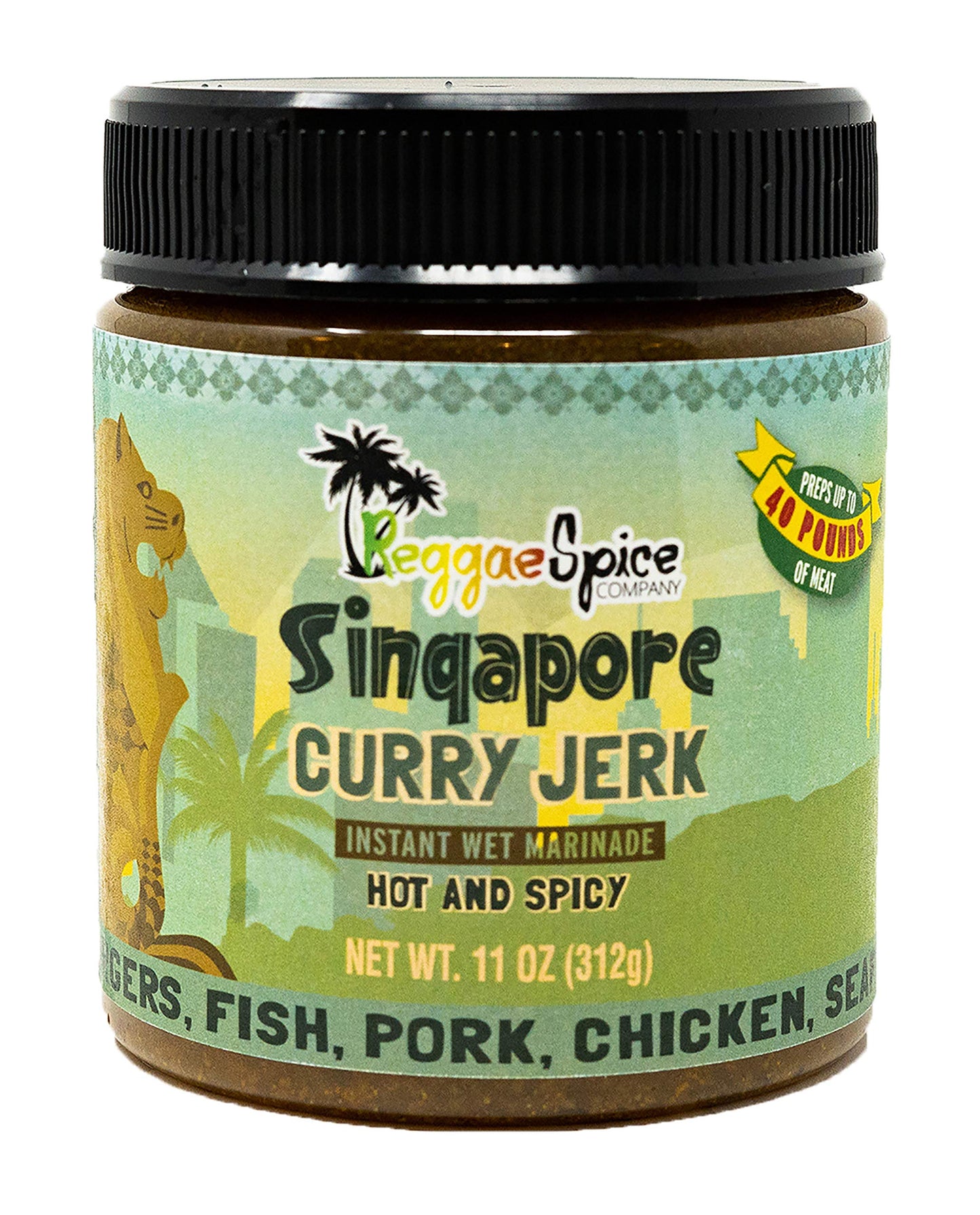 REGGAE SPICE Singapore Curry Jerk Seasoning Authentic Wet Rub Marinade Sauce Made with Jamaican Spices - Perfect for Beef, Pork, Chicken, Seafood, and Vegetables - 11 OZ, Hot and Spicy