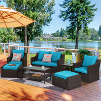 HEYNEMO Outdoor Patio Furniture Sets, 8 Pieces Outdoor Sectional Rattan Sofa Set, Black PE Wicker Patio Conversation Sets with Lake Blue Washable Cushion and Tempered Glass Table