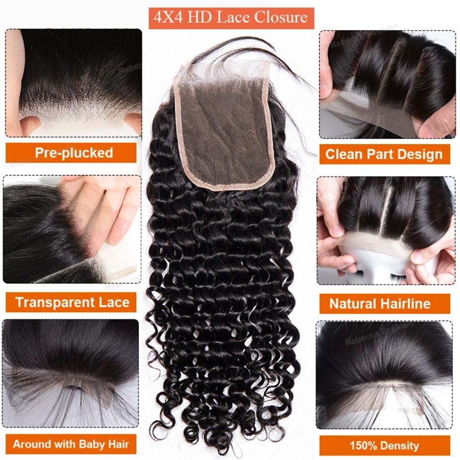 12A Deep Wave Bundles With Closure Frontal Ear to Ear 100% Remy Human Hair