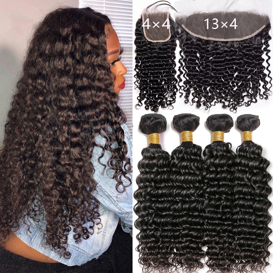 12A Deep Wave Bundles With Closure Frontal Ear to Ear 100% Remy Human Hair