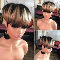 WIGERA  Highlight Synthetic Wigs Short Straight  Pixie Cut Hair Bob Wig Honey Gold Mix Black  Hair For Woman