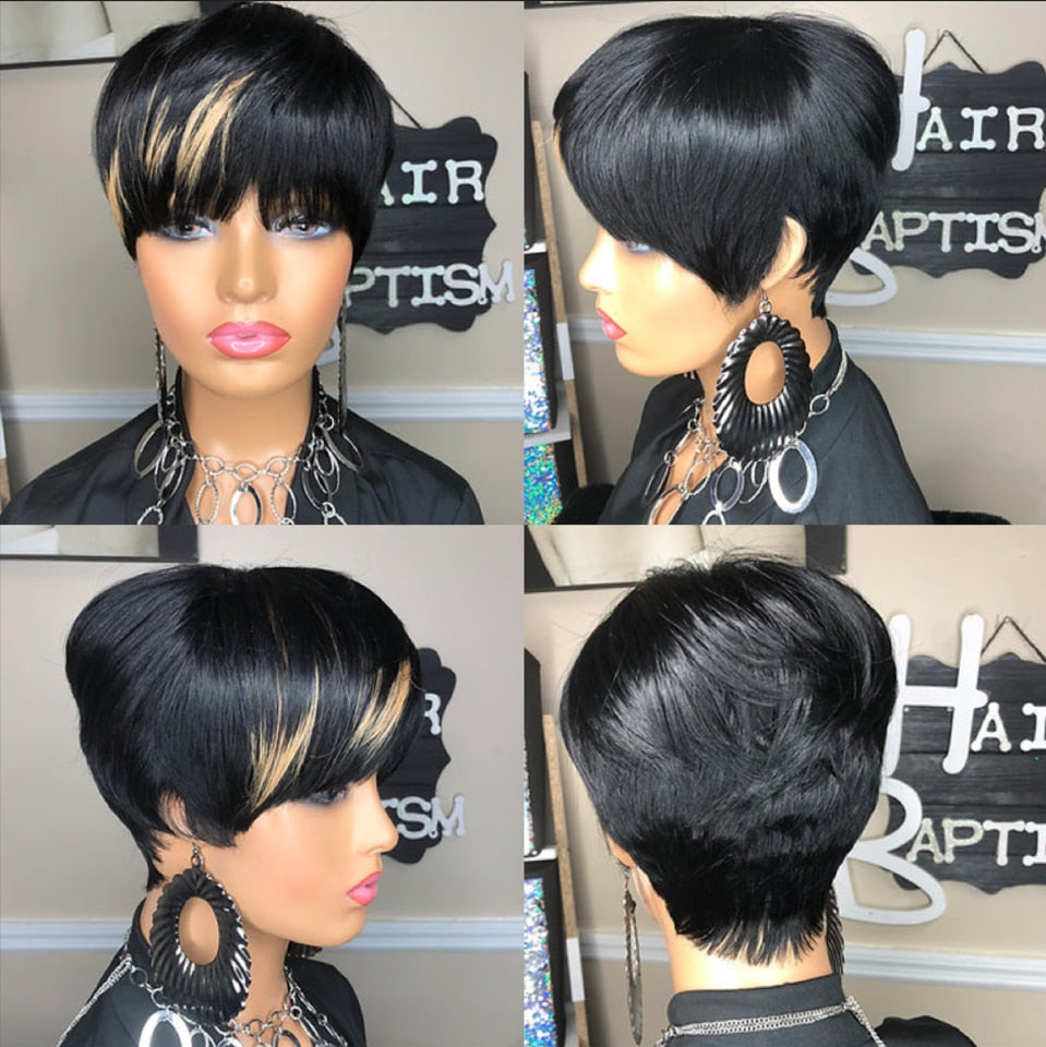 WIGERA  Highlight Synthetic Wigs Short Straight  Pixie Cut Hair Bob Wig Honey Gold Mix Black  Hair For Woman