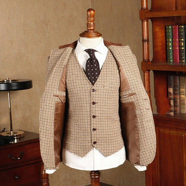 2021 Brown Classic Plaid Tweed Suit for Men Slim fit Groom Wedding Tuxedo