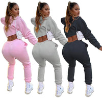 Casual Thick Fleece Tracksuit Women Jogger 2020 Autumn Winter Drawstring Long Sleeve Crop Top Sweatpants Sweatsuit Two Piece Set