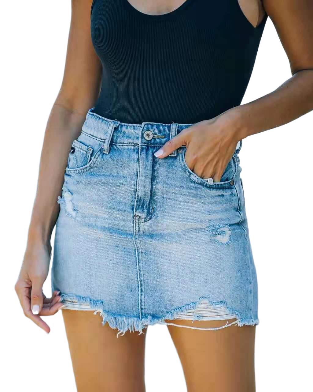 2021 Summer Women&#39;s Denim Jeans Hip A-line Wash Mini Skirt Ropa Mujer