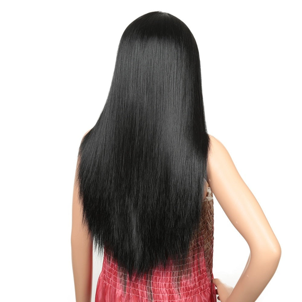 26" Long Straight Wig Synthetic Lace Wigs For Black Women Heat Resistant Nature Black Middle Part