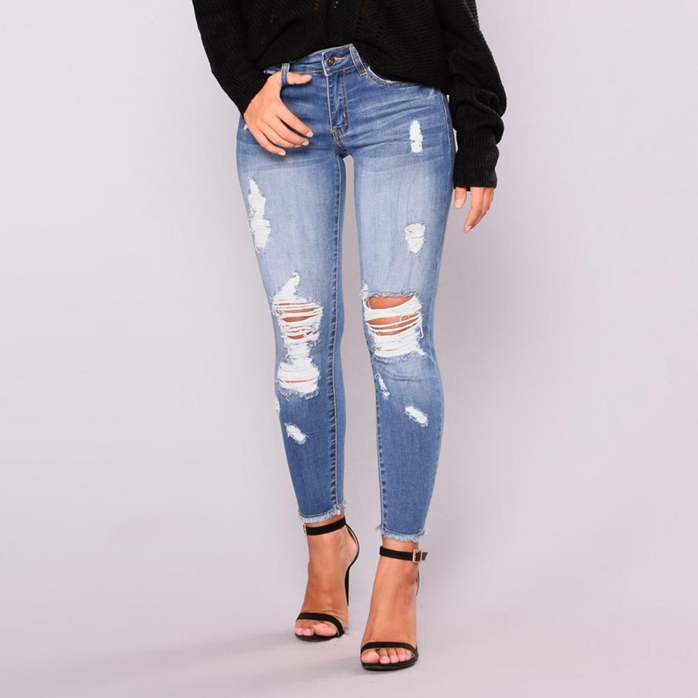 Plus Größe Licht Blau Zerrissene Jeans Für Frauen Street Style Sexy Distressed Hosen Stretch High-taille Engen Jeans Cropped hosen