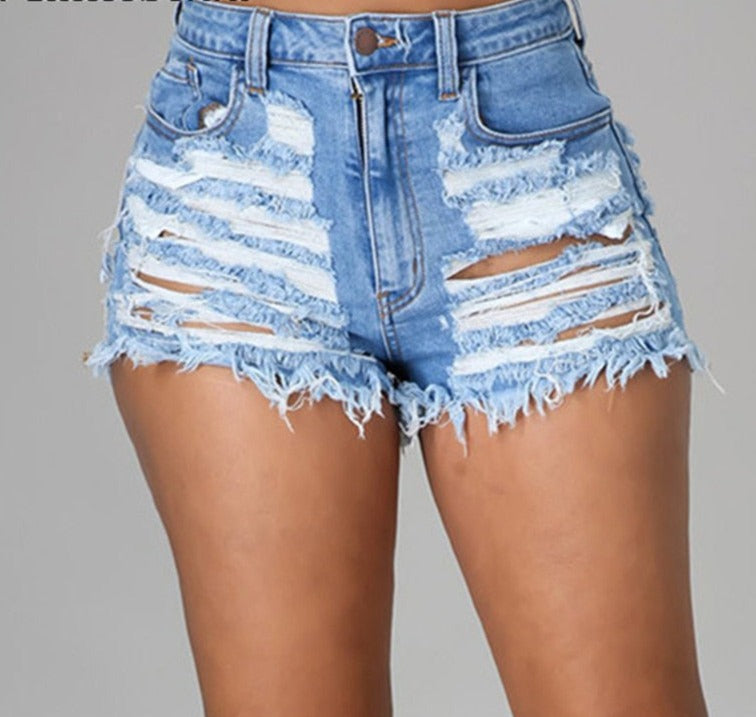 2021 Sexy New Light Blue Ripped Cut Out Denim Shorts
