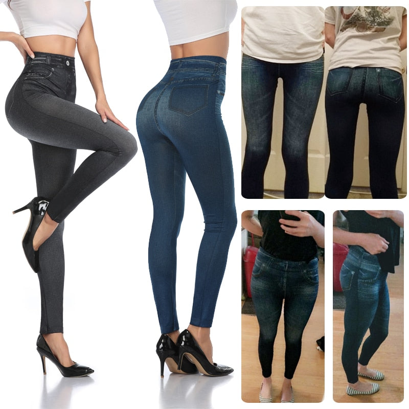 Push Up Seamless High Waist Faux Denim Leggings Women Casual Elastic Pocket Jeans Print Pants Skinny Pencil Leggins Mujer