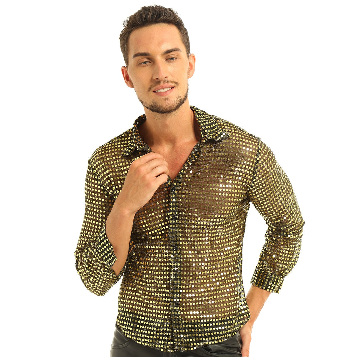 Mens Tuxedo Shirts Shiny Sequins See Through Mesh Long Sleeve Clubwear