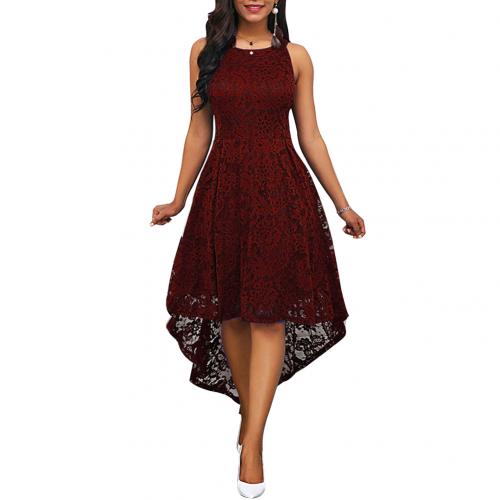 Women Sexy Floral Lace Elegant Dresses Knee Length Solid Color Sleeveless Irregular Hem Midi Dress