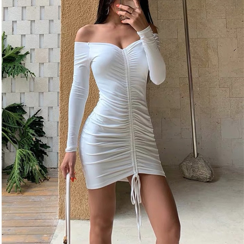 High waWist Mini Dress For Women Sexy Bodycon Dress Long Sleeve Vestidos Women 2021 Sexy Club Outfits Party Dresses White S627