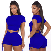 Women Sexy Summer Solid Open Back Crop Top Stacked Shorts Jogger Pnats Suit Two Piece Set