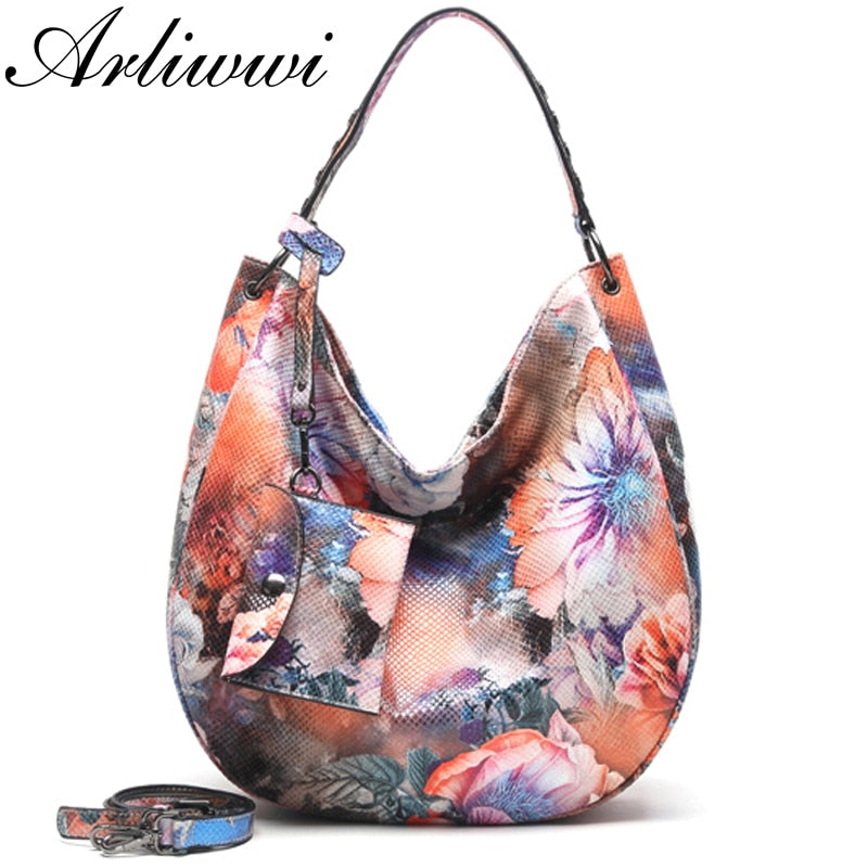 Arliwwi Brand Designer High Quality Women Fashion Synthetic Leather Hobos Handbags Female Flower Embossed Large Bags New PY02-1