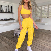 Pink Women Sports Two Pieces Gymwear Designer Women Tracksuit Joggings Spaghetti Straps Crop Top Elastic Waist Cargo Pants Set