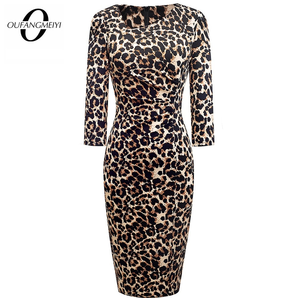 Vintage Women Elegant Leopard Chic Formal Business Bodycon Morden Pencil Dress EB565