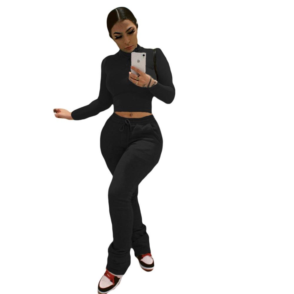 Sexy Women Workout Two Piece Set Casual Solid Long Sleeve Crop Tops T-Shirt Leggings