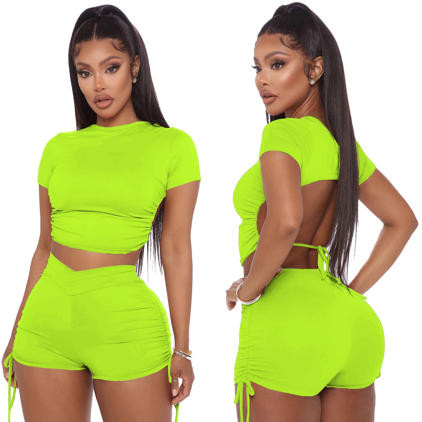 Women Sexy Summer Solid Open Back Crop Top Stacked Shorts Jogger Pnats Suit Two Piece Set