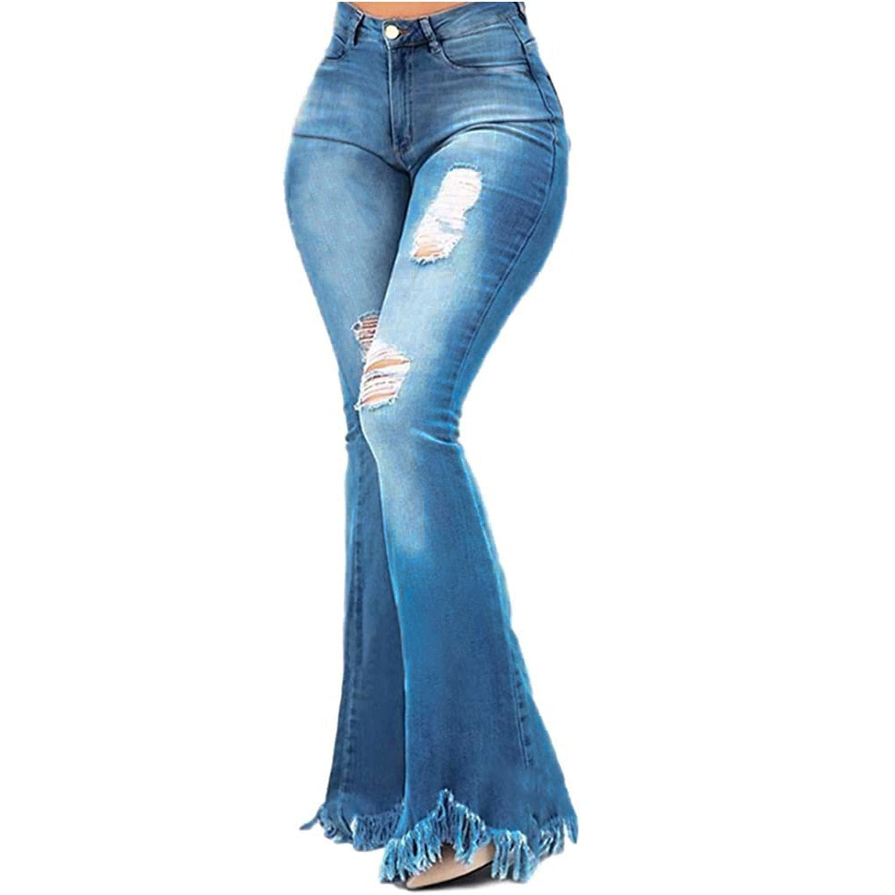 Weigou Ladies Denim Flare Jeans Women ripped Jeans Denim Skinny Jeans Pants Female Wide Leg Hole Jeans