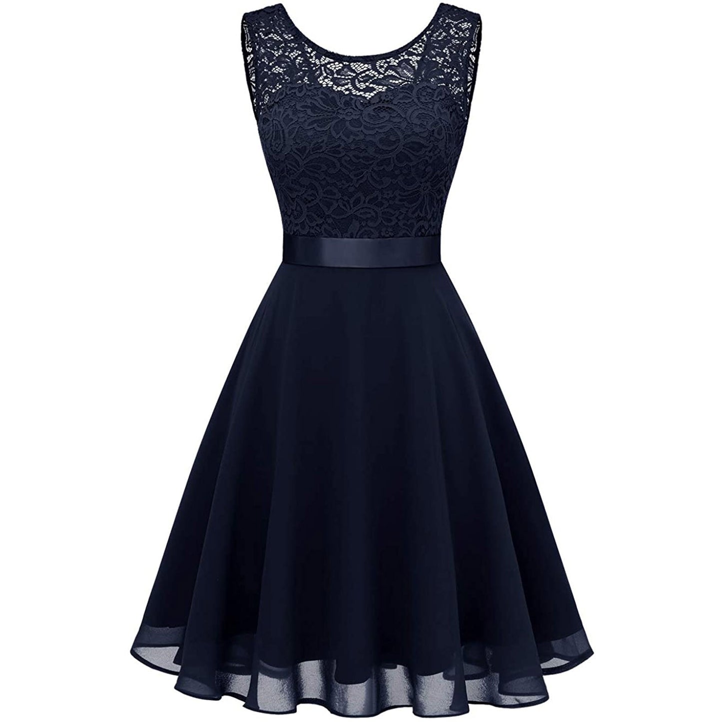 Women Sexy Lace Party Dress Fashion Female O Neck Sleeveless Loose Belt Bridesmaid Formal Dress