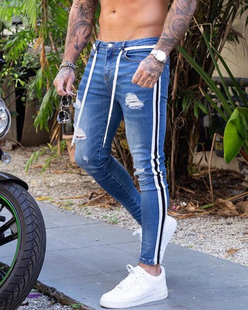 Men&#39;s Painted Skinny Slim Fit Straight Ripped Distressed Pleated Knee Patch Denim Pants Stretch Jeans