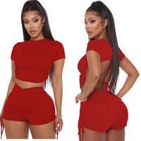 Women Sexy Summer Solid Open Back Crop Top Stacked Shorts Jogger Pnats Suit Two Piece Set