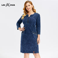 LIH HUA Women&#39;s Plus Size Denim Dress Elasticity  Knitted Denim Dresses Slim Fit Casual Dress Shoulder Pads Midi Dress