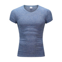 Men V Neck Short Sleeve T Shirt Fitness Slim Fit Sports Strips T-shirt Male Solid Fashion Tees Tops Summer Knitted Gym Clothing