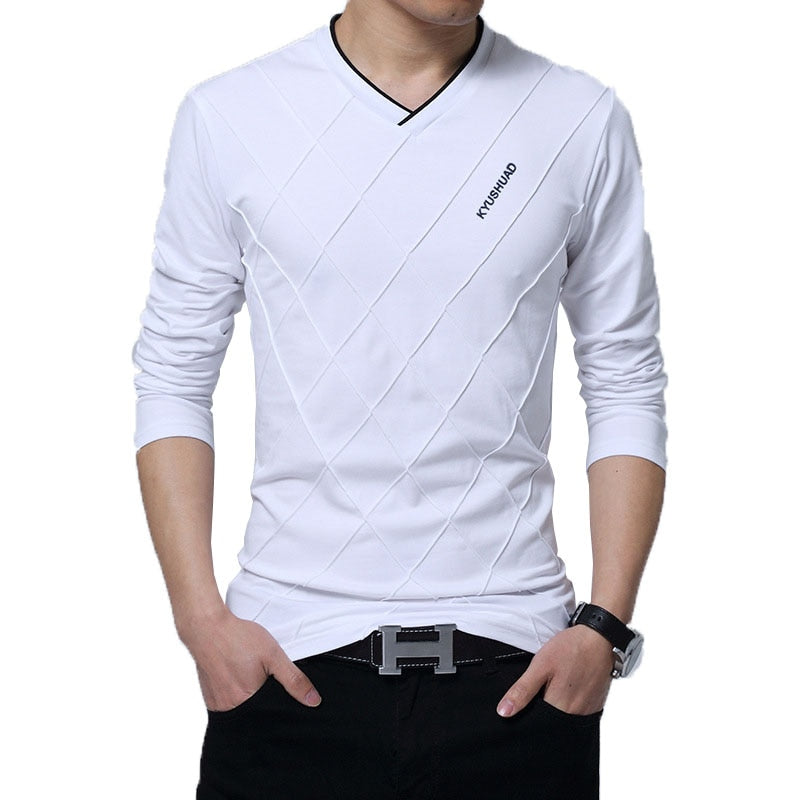 2022 Mens Casual T-shirt Fashion Slim Long Sleeve V Neck Fitness