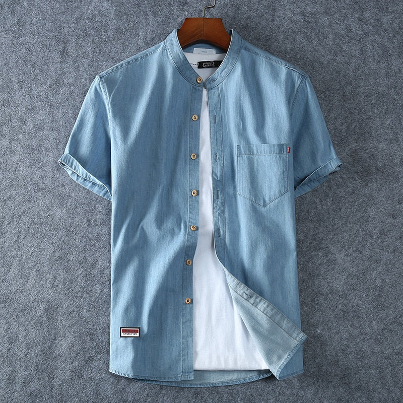 Men&#39;s Blue Denim Shirts Short Sleeve Jean Shirts