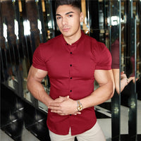 Men Fashion Casual Short Sleeve Solid Shirt Super Slim Fit Social Business Dress