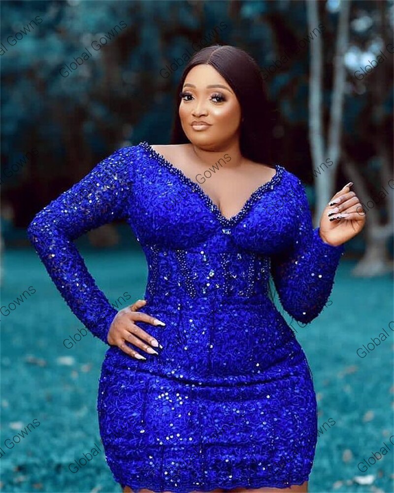 Sexy African Royal Blue V Neck Short Prom Dresses For Black Girls Beaded Sequined Sexy African Royal Blue V Neck Short Prom Dresses For Black Girls Beaded Sequined
