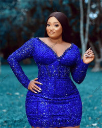 Sexy African Royal Blue V Neck Short Prom Dresses For Black Girls Beaded Sequined