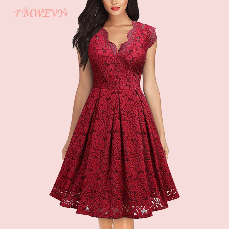 Summer Women Party Dress Vintage V Neck Sleeveless Dress Lace Elegant Ladies Dresses with High Quality Lace (Size S on Model)