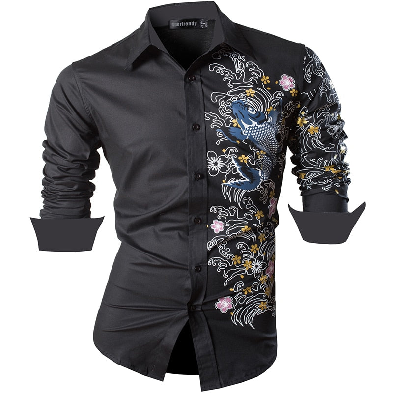 Sportrendy Men&#39;s Shirt Dress Casual Long Sleeve Fashion Dragon Stylish JZS091 Black