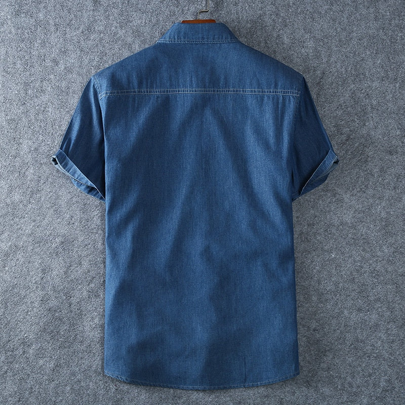 Men&#39;s Blue Denim Shirts Short Sleeve Jean Shirts