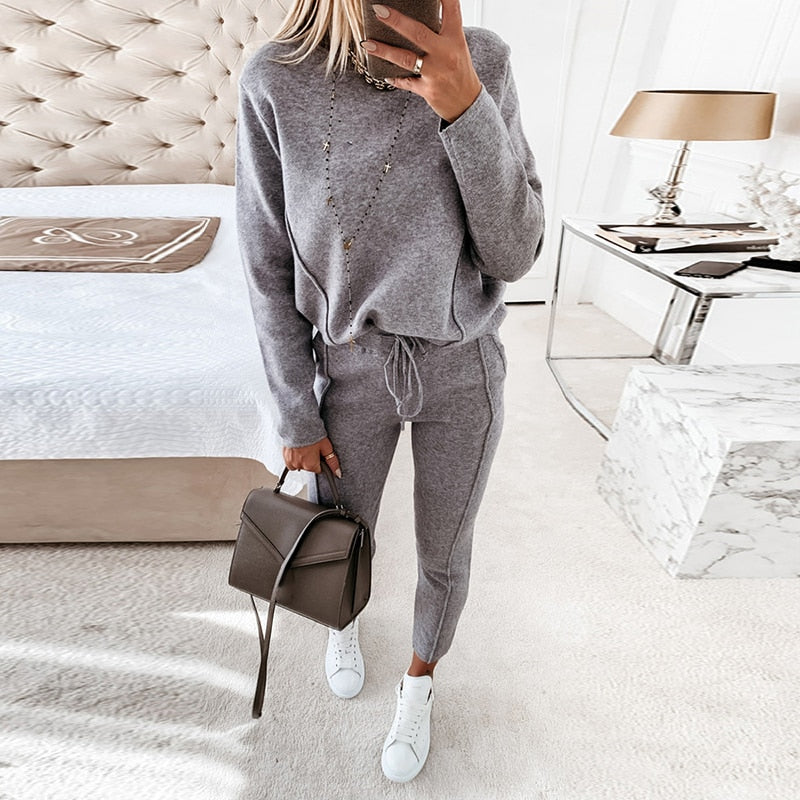 2021 Spring Winter Long Sleeve Pullover Top Drawstring Pants Casual Trousers Two Piece Set Womens Tracksuit Clothing Sport Suits