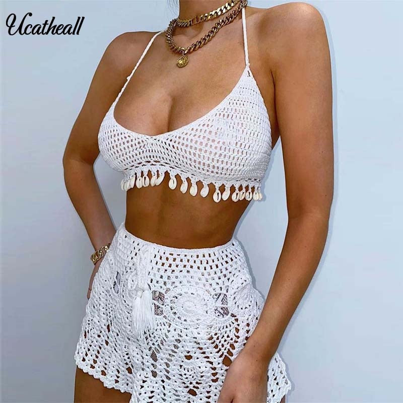 New Shell Tassel 2 Piece Dress Women Sexy Fishnet Mesh Sleeveless Knitted Crochet Dress Hollow Out Beach Halter Mini Dress