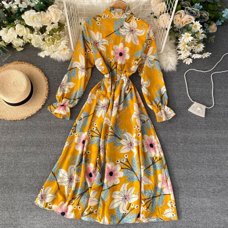 2021 Vintage Floral Print Stand collar Chiffon Dress